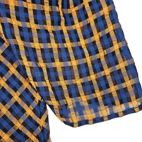 Eva Franco Anthropologie Textured Blue Yellow Plaid Blouse Size 2 Puff Sleeves - Picture 10 of 16